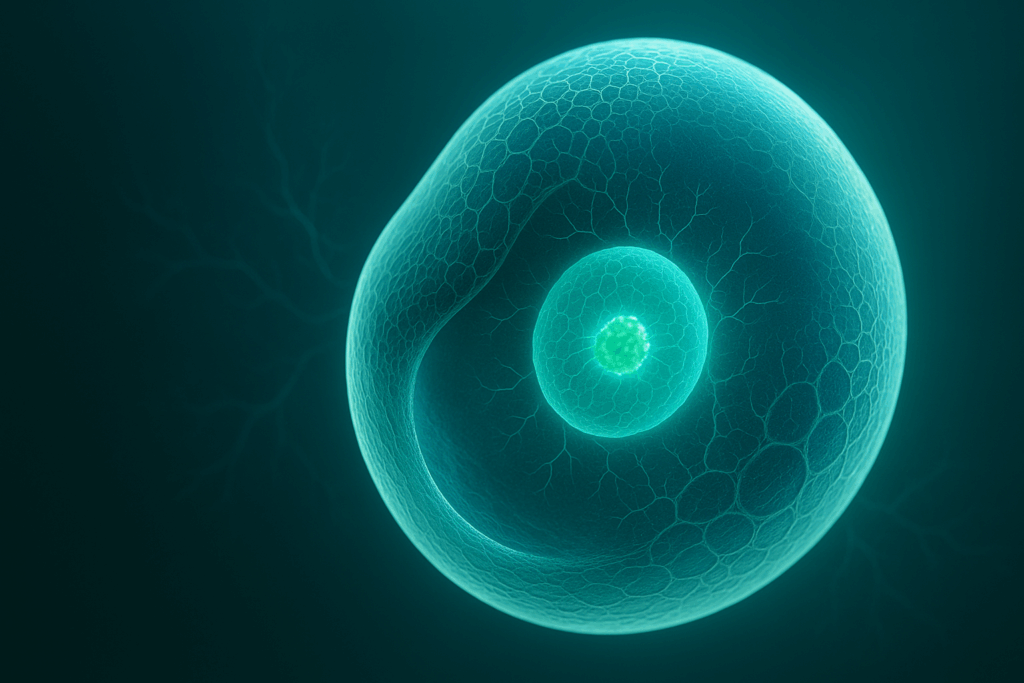 Illustration macro d’une membrane cellulaire inspirée des microalgues, éclairée par une bioluminescence bleu-vert et des motifs fractals subtils.